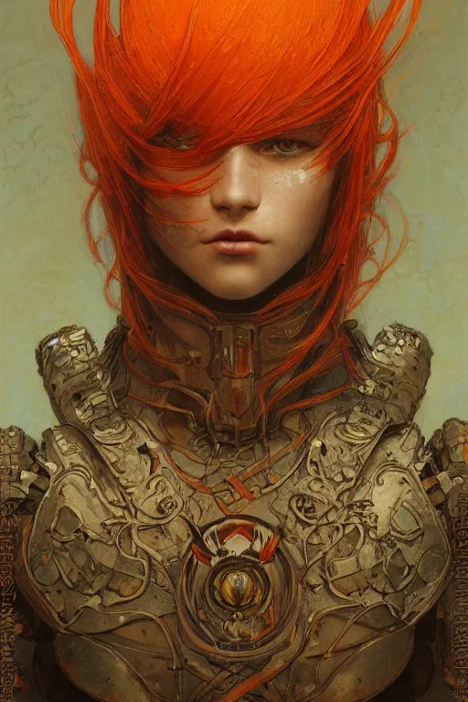 Image similar to portrait of beautiful young mainem, warhammer, japaneese style, cyberpunk armor, a lot of more scars, more and more flowers, orange head, the middle ages, highly detailed, artstation, illustration, art by jean delville, 8 k quality