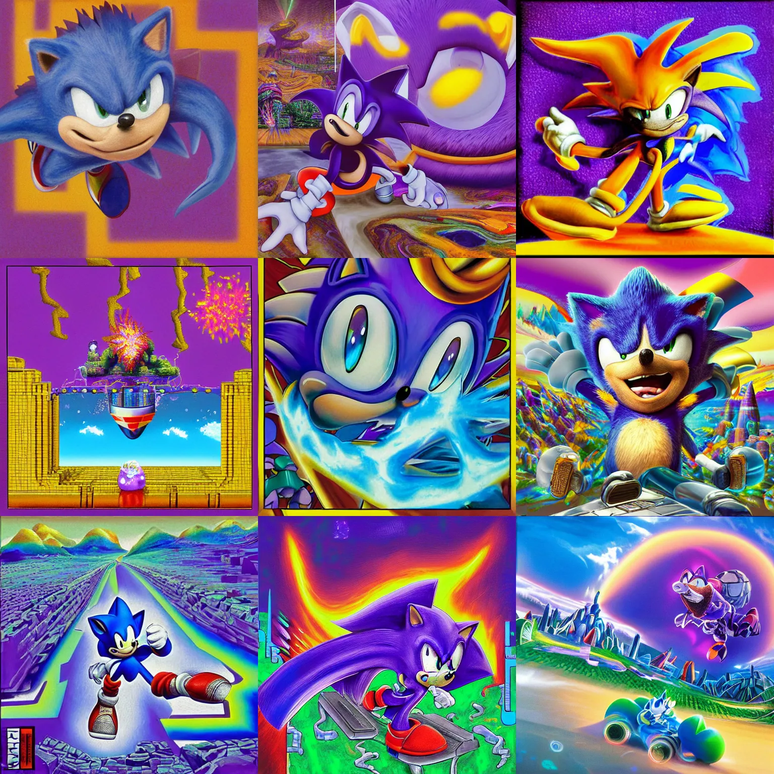 Prompt: shattered portrait of sonic hedgehog and a matte painting landscape of a surreal, sharp, detailed professional, soft pastels, high quality airbrush art album cover of a liquid dissolving airbrush art lsd dmt sonic the hedgehog swimming through cyberspace, purple checkerboard background, 1 9 9 0 s 1 9 9 2 sega genesis rareware video game album cover