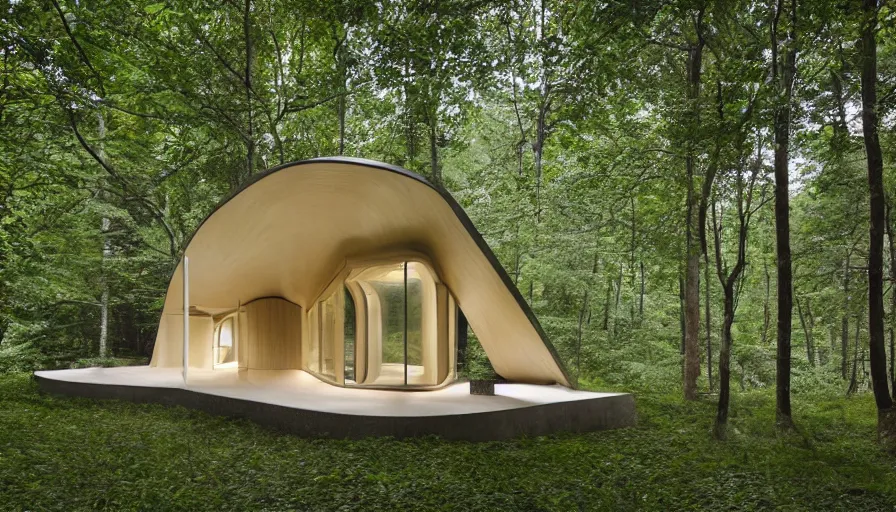 Prompt: A unique innovative and contemporary creative cabin in a lush green forest with soft rounded corners and angles, 3D printed line texture, made of cement, connected by sidewalks, public space, and a park, Design and style by Zaha Hadid, Wes Anderson and Gucci