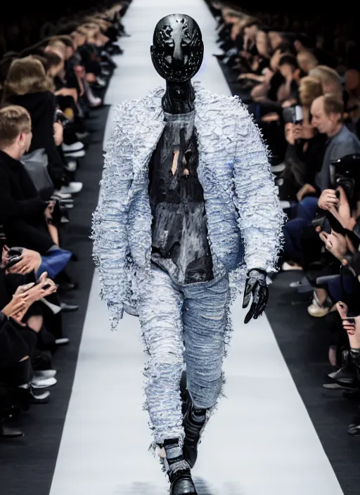 Prompt: hyperrealistic and heavy detailed balenciaga avant garde runway show of jason voorhees, leica sl 2 5 0 mm, vivid color, high quality, high textured, real life, full body in shot, medium distance