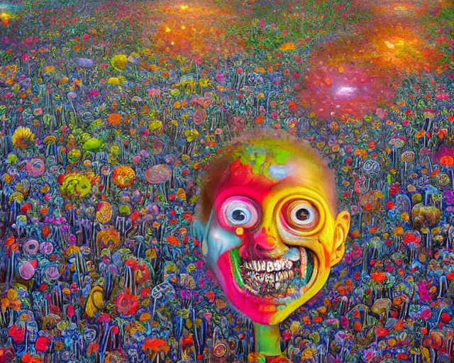 Prompt: Haunting surreal hyperrealistic detailed landscape painting of a group of brains with human eyes and teeth with a big grinning smile, looking happy, vibrant feel, bursts of color, color ink explosion, beautiful spectrum of vibrancy, flowers falling from the sky heavy metal, disgusting, creepy, unsettling, in the style of Stephen Gibb, hyper detailed, trending on Artstation