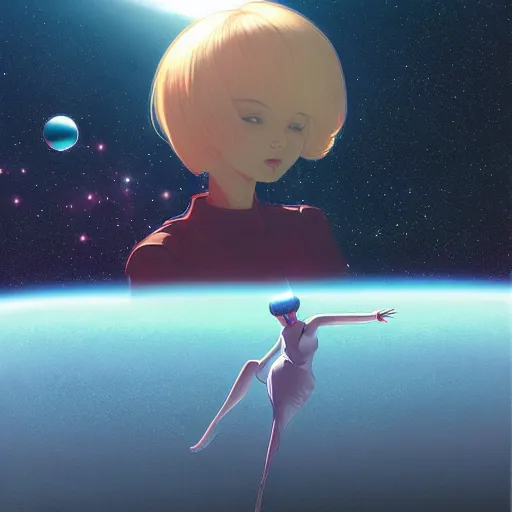 Image similar to ilya kuvshinov art of a woman floating in space