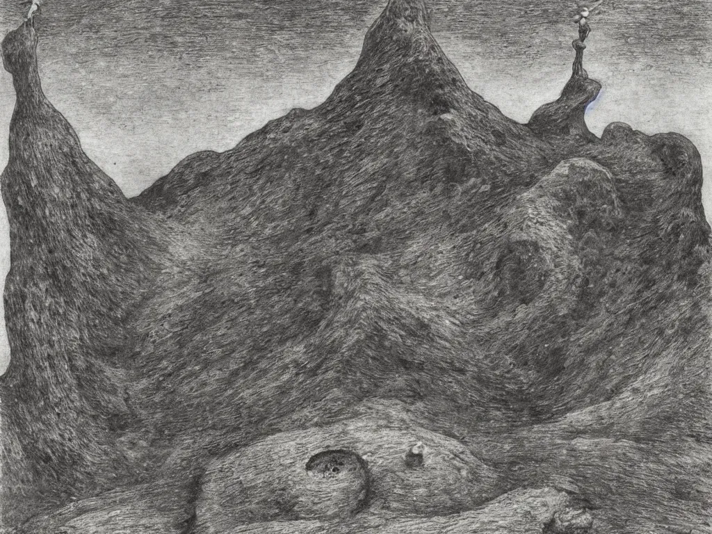 Prompt: Lunar landscape with giant African sculpted god in a crater, melancholy, noise, surreal. Painting by Alfred Kubin, Escher, Ernst Haeckel, Yves Tanguy