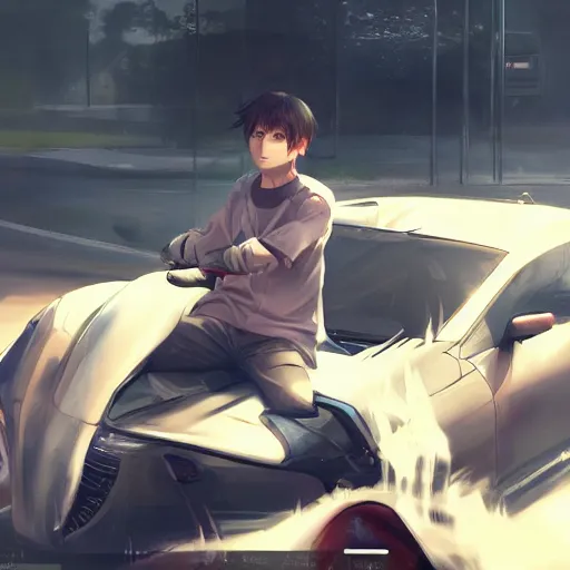 Image similar to a young anime man driving a sports car, style game square enix life, trending on artstation, painted by greg rutkowski, render naughty dog, octane render, detailed