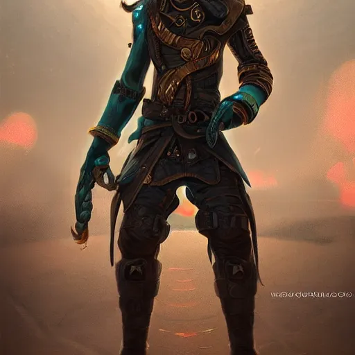 Image similar to a full body portrait of a futuristic pirate in 2 0 7 0, intricate, highly detailed, digital painting, artstation, concept art, smooth, sharp focus, illustration, vfx