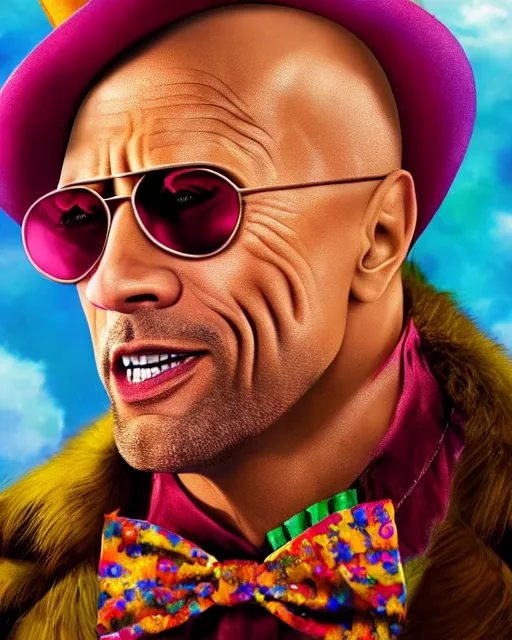 Image similar to Film still close-up shot of Dwayne Johnson as Willy Wonka from the movie Willy Wonka & The Chocolate Factory. Photographic, photography