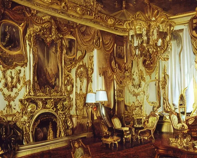 Image similar to photo of rococo interior, hyperrealism. photorealistic! extreme detail, closeup, sharp focus, helmut newton