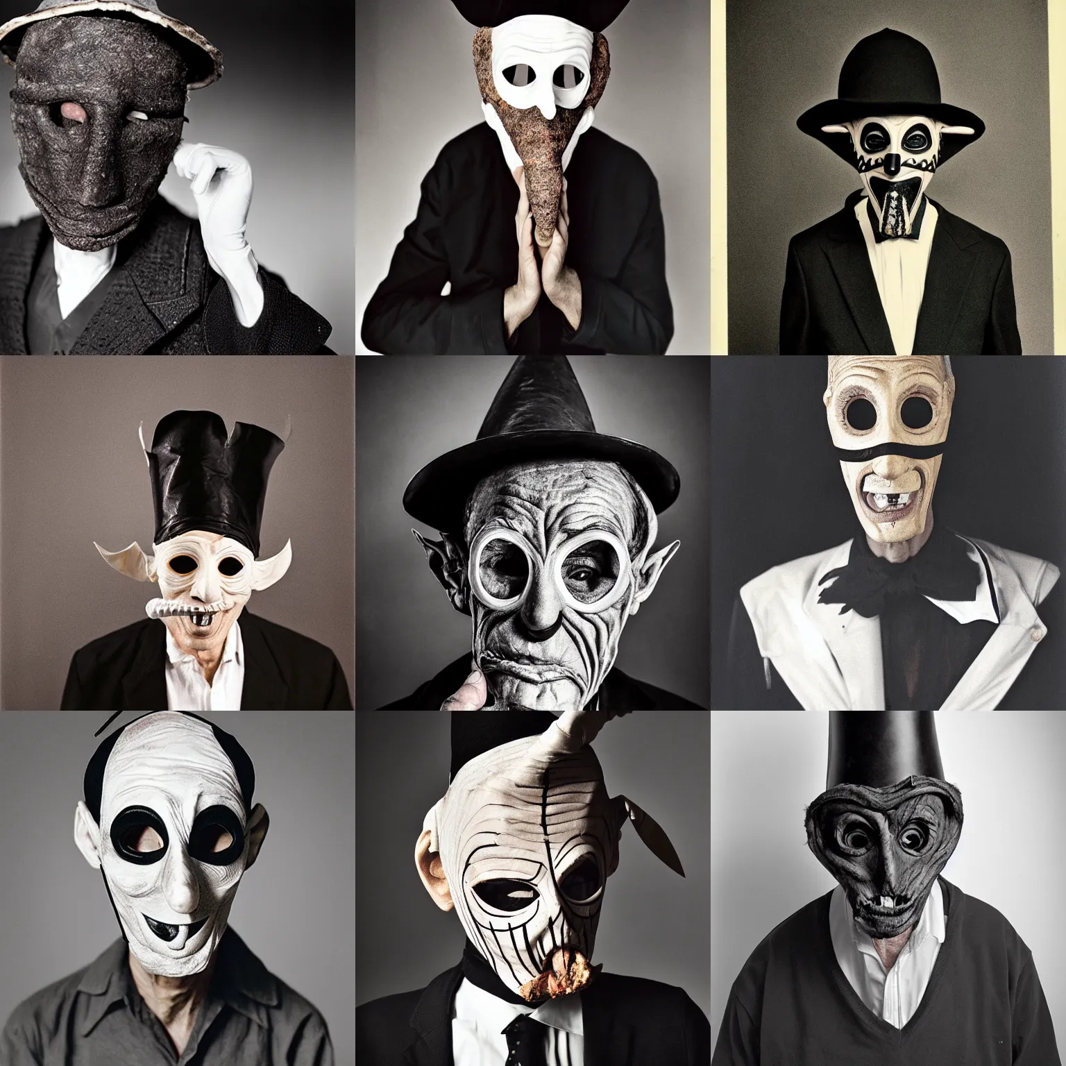Prompt: portrait photo of an old wrinkled man, skinny face, bony face, long nose, crooked nose, large full mouth, black pulcinella masquerade mask, pointy conical hat, white wrinkled shirt, presenting pizza, black background, close - up, skin blemishes, menacing, intimidating, masterpiece by george hurrell