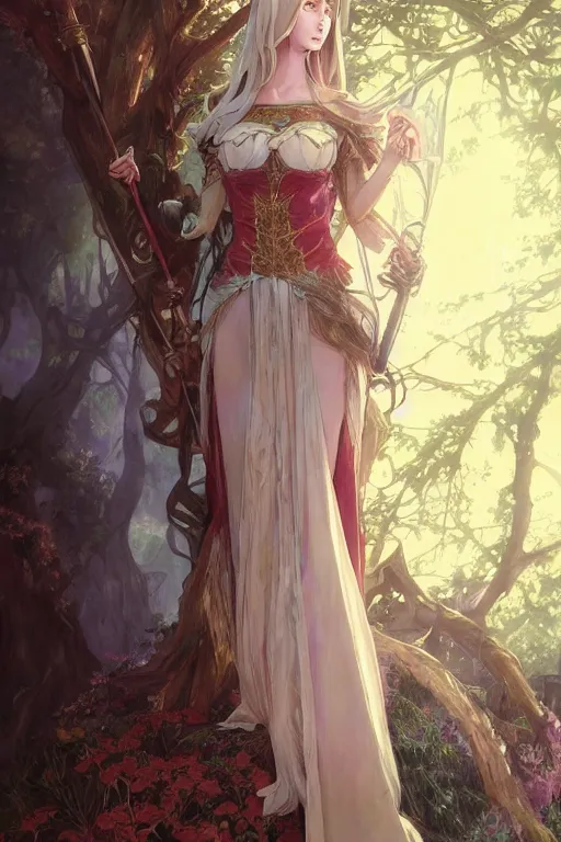 Image similar to anime key visual of amora the enchantress wearing a medieval gown!! intricate, magical forest, stunning, highly detailed, digital painting, artstation, smooth, hard focus, illustration, art by artgerm and greg rutkowski and alphonse mucha