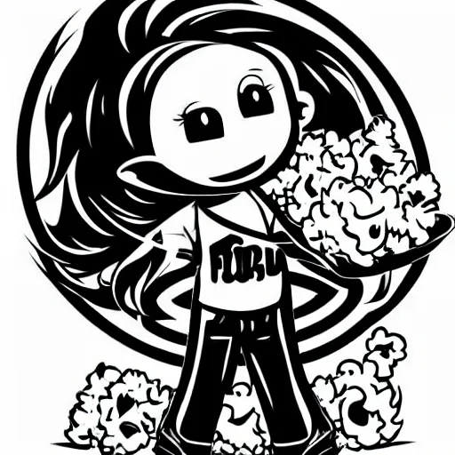 Image similar to vector anime chibi style character of a piece of fluffy popcorn with a smiling face and flames for hair, clean composition, symmetrical