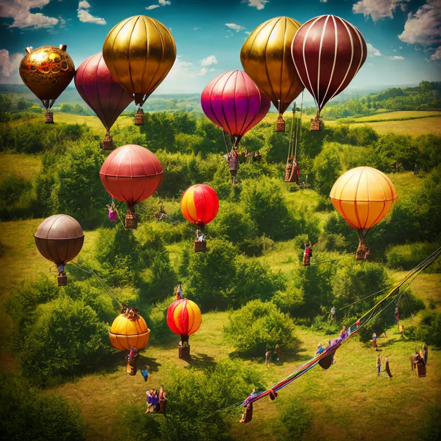 Image similar to large colorful steampunk balloons with people on rope swings underneath, flying high over the beautiful countryside landscape, professional photography, 8 0 mm telephoto lens, realistic, detailed, digital art, unreal engine