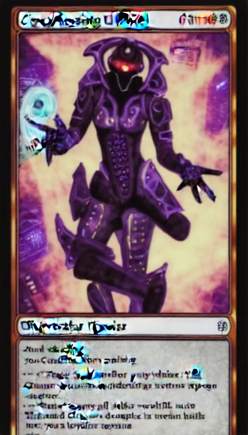 Prompt: the whispering cyber - devil, cyberpunk trading card, card art, magic the gathering and hearthstone style