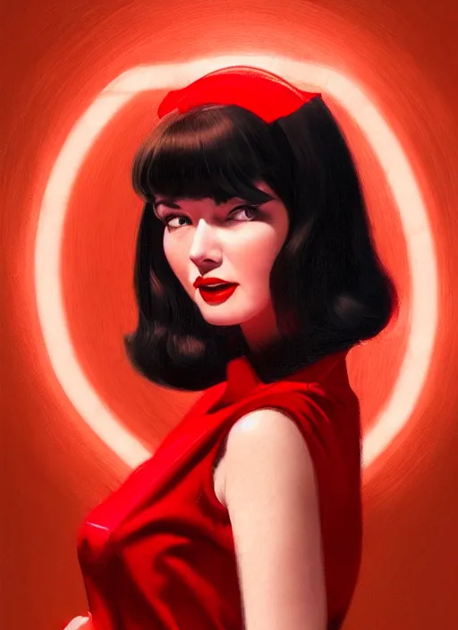 Prompt: portrait of betty page with bangs, 1 9 6 0 s, long hair, red clothes, bangs, intricate, elegant, glowing lights, highly detailed, digital painting, artstation, concept art, smooth, sharp focus, illustration, art by wlop, mars ravelo and greg rutkowski