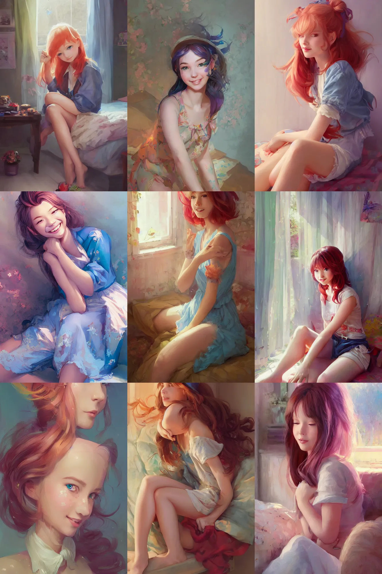 Prompt: a beautiful country girl sitting in her bedroom | | cute - fine - subtle smile, colorful hair, face, pretty face, fine details by stanley artgerm lau, wlop, rossdraws, james jean, andrei riabovitchev, marc simonetti, and sakimichan, trending on artstation