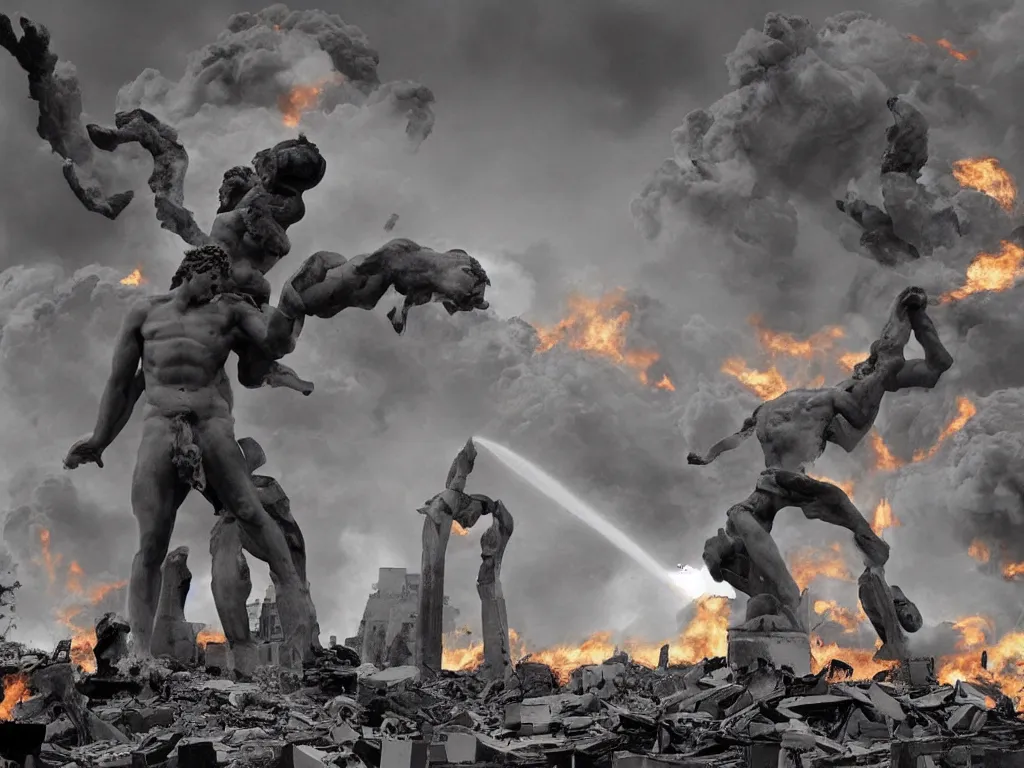 Image similar to giant greek statues attacking a city, city destruction ruins, debris flying around, swirls of fire