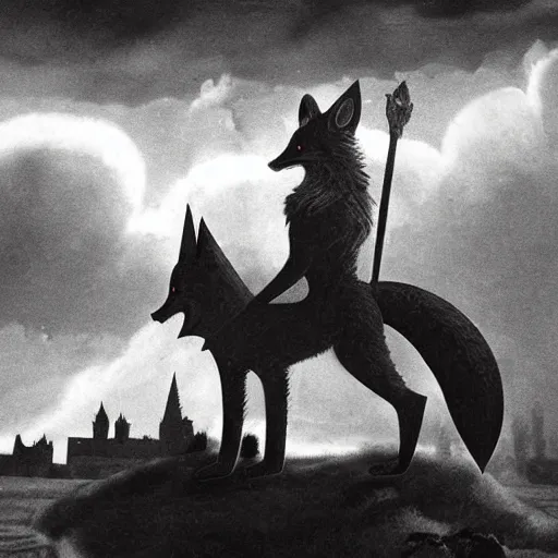 Prompt: anthropomorphic fox!! who is a medieval knight holding a swo - rd towards a stormy thundercloud [ 1 9 3 0 s film still ], ( fantasy castle in the background that is on fire )