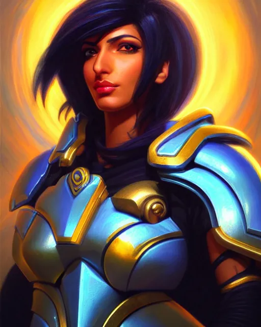 Image similar to pharah from overwatch, fantasy, fantasy art, fantasy, colorful, elegant, character portrait, portrait, close up, highly detailed, intricate detail, amazing detail, sharp focus, vintage fantasy art, vintage sci - fi art, radiant light, caustics, by boris vallejo