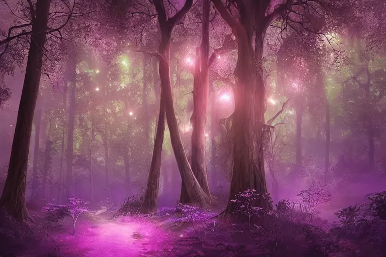 Image similar to ancient magical forest, tall purple and pink trees, moonlit, winding path lined with bioluminescent mushrooms, fireflies, pale blue fog, mysterious, eyes in the trees, cinematic lighting, photorealism