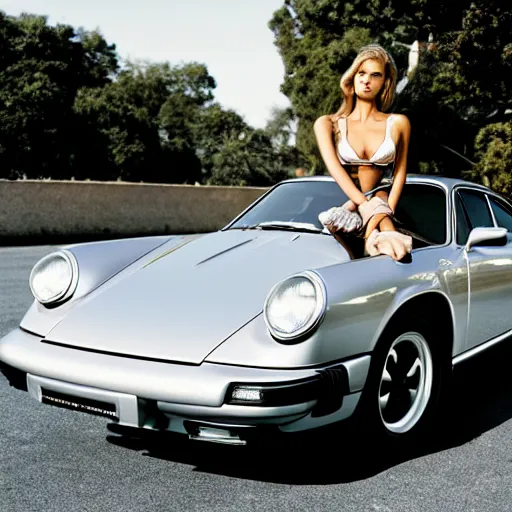 Image similar to Photo of a beautiful model sitting on the hood of a silver Porsche 911 Carrera 3.2, daylight, dramatic lighting, award winning, highly detailed, 1980s Versace ad, Fashion photography
