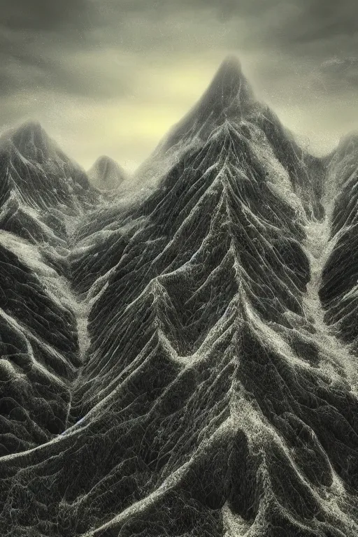 Image similar to digital matte fantasy dreamy mountain scape dark tones snow, photo realism, soft, storm, 8 k by alex grey