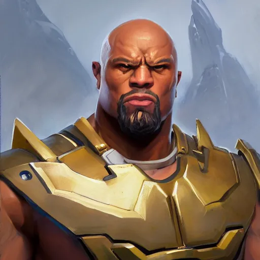 Image similar to greg manchess portrait painting of fully armored the foundation aka dwayne the rock from fortnite as overwatch character, medium shot, asymmetrical, profile picture, organic painting, sunny day, matte painting, bold shapes, hard edges, street art, trending on artstation, by huang guangjian, gil elvgren, ruan jia, greg rutkowski, gaston bussiere