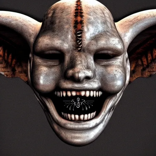 Image similar to Photo taken in the 2000's of a smiling demon with four horns and four wings, photorealistic, film still, desolate, terrifying, weird, strange, odd, uncanny, hyper realism, highly detailed, photorealism, smooth gradients, high contrast, photorealistic