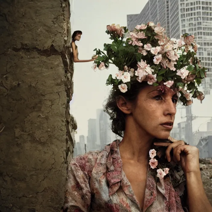 Image similar to closeup portrait of a woman with flowers growing out of her face, standing in a desolate apocalyptic city, by Annie Leibovitz and Steve McCurry, natural light, detailed face, CANON Eos C300, ƒ1.8, 35mm, 8K, medium-format print
