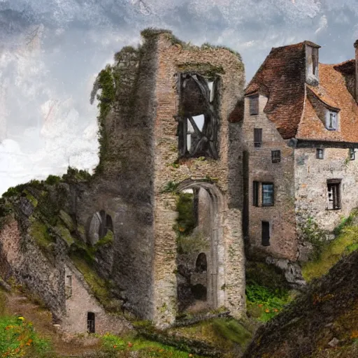 Prompt: old castle ruins on top of mountain in the village of verclause france, digital painting, realism, 4 k,