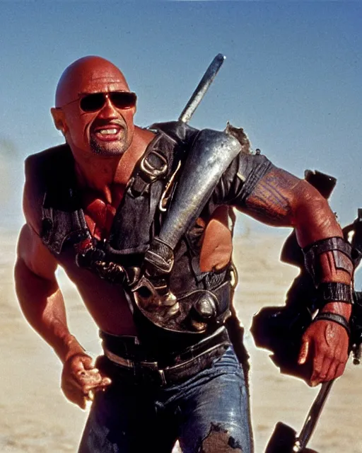 Image similar to film still close up shot of dwayne johnson as max rockatansky in the movie mad max 2 the road warrior. photographic, photography