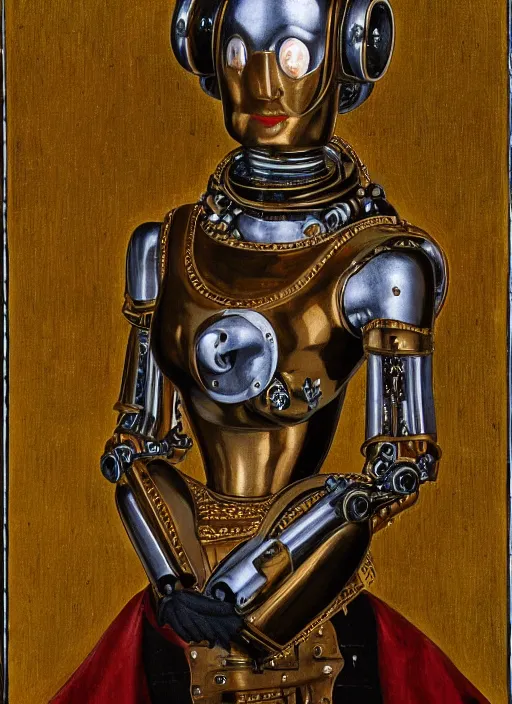 Image similar to a portrait of a shiny metallic renaissance steampunk robot, in the style of Jan van Eyck,