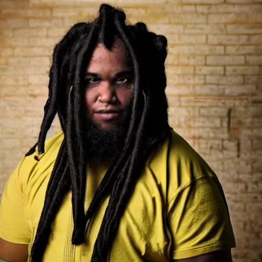 Image similar to photo of chubby black bjj athlete with long dreads posing, serious face