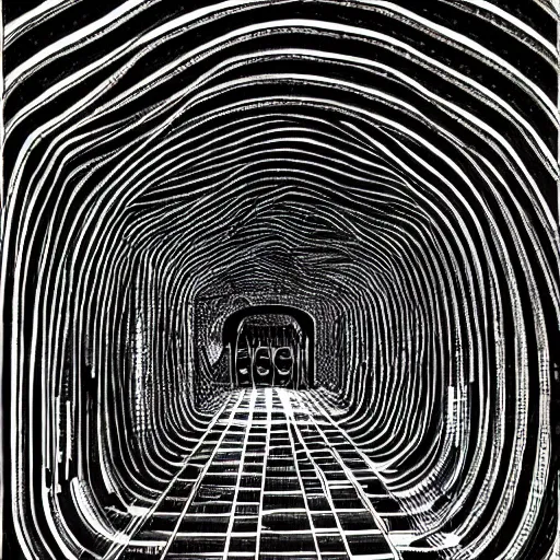 Prompt: computational tunnels, a tunnel complex full of mechanical computers and hooded robots, drawing by jim woodring, junji ito, m.c. escher