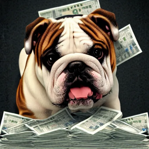 Prompt: english bulldog in bathtub with stacks of bills, artstation