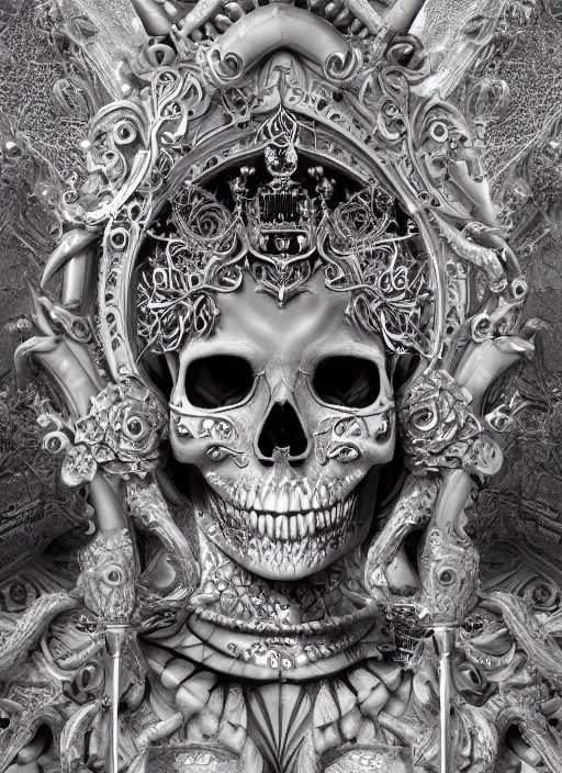 Prompt: a 3 d render of the queen of the underground, intricate details, skull, bones, hyper - realistic, matte painting, hyper - detailed, ornate, mysterious, dark