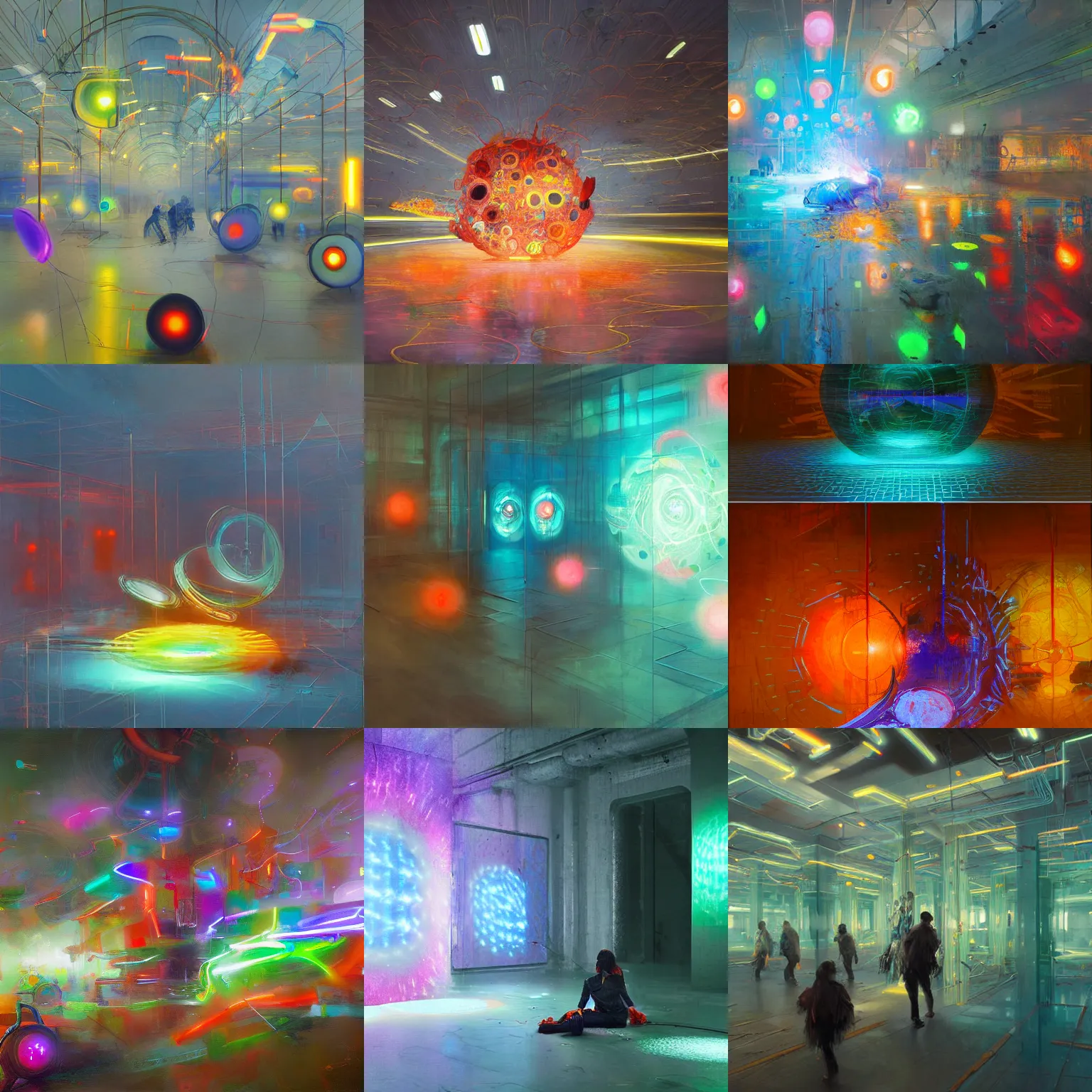 Prompt: quantum connections represented as symbiotic organisms like cells playing around with colorful lights by ruan jia