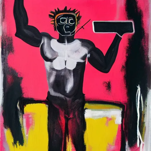 Image similar to A mirror selfie of a black handsome muscular man with white angel wings and black devil horns holding an iPhone, pitchfork, pink background, abstract jean-Michel Basquiat oil painting with thick paint strokes, oil on canvas, detailed