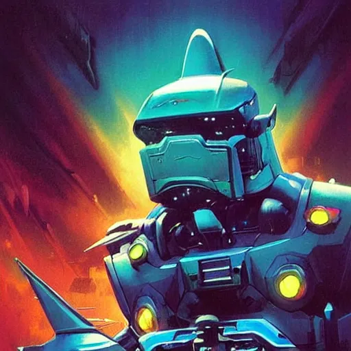 Image similar to a dark and colorful close - up of a sci - fi mecha shark robot with led lights glowing fog in the background. highly detailed science fiction painting by norman rockwell, frank frazetta, and syd mead. rich colors, high contrast, gloomy atmosphere, dark background. trending on artstation