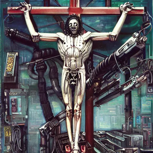 Image similar to a man crucified on a cybernetic sci - fi cross, full of computer elements and cables, symbolic, intricate, hyperdetailed, religious, painting, cyberpunk, in a style of h. r. giger