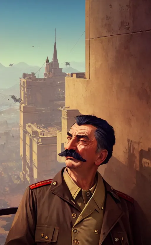 Image similar to highly detailed portrait of stalin in gta v, stephen bliss, unreal engine, fantasy art by greg rutkowski, loish, rhads, ferdinand knab, makoto shinkai and lois van baarle, ilya kuvshinov, rossdraws, tom bagshaw, global illumination, radiant light, detailed and intricate environment