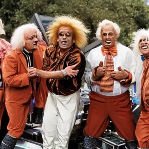 Image similar to a band of oompa loompas trying to help doc brown find his DeLorean