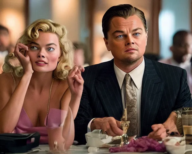 Image similar to leonardo dicaprio as the wolf of wall street next to beautiful margot robbie as naomi from the wolf of wall street, hyper realistic faces, cinematic, long shot, hyper detailed, 8 5 mm photograph, 8 k resolution, film still, sharp lens, wide lens