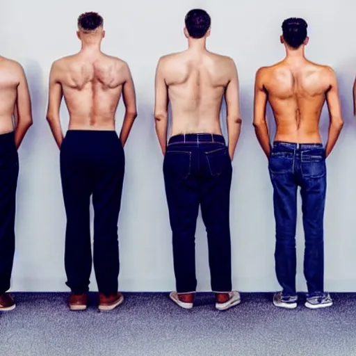 Prompt: a row of men arranged left to right, healthy to unhealthy