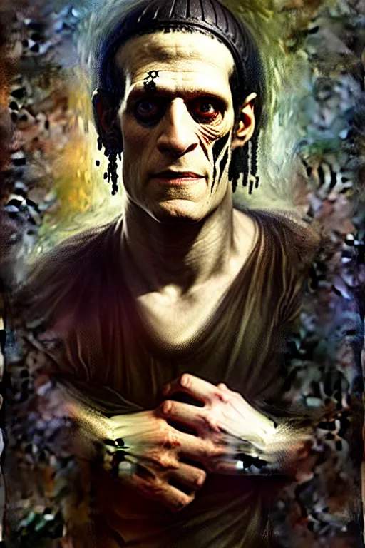 Image similar to photograph imax and solomon joseph solomon and richard schmid and jeremy lipking victorian loose genre loose painting full length portrait painting of frankenstein