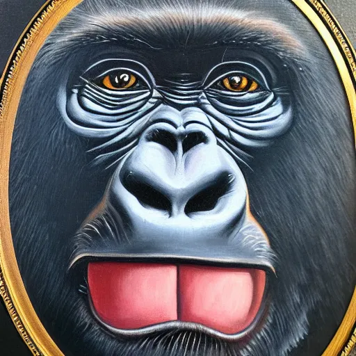 Prompt: gorilla with joe rogans face, oil painting, brush strokes, highly ornate intricate detail, gloomy mood,