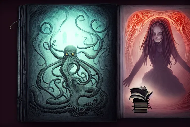 Image similar to romantic photo of bright girl, her cat and her book of necronomicon, symmetrical, cinematic, real dlsr photography, sharp focus, 4 k, ultra hd, sense of awe, sinister demonic atmosphere, dreadful, forbidden knowledge, old gods, cthulhu, yog - sothoth! yah, yah, yah! cultist journal cover