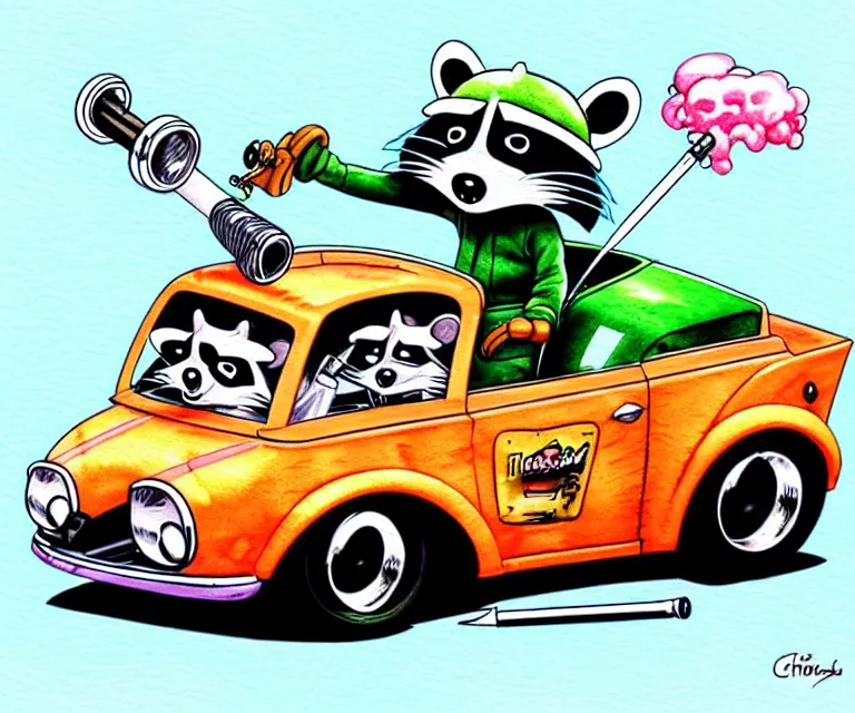 Image similar to cute and funny, racoon wearing a helmet riding in a tiny hot rod coupe with oversized engine while smoking a cigarette, ratfink style by ed roth, centered award winning watercolor pen illustration, isometric illustration by chihiro iwasaki, edited by range murata