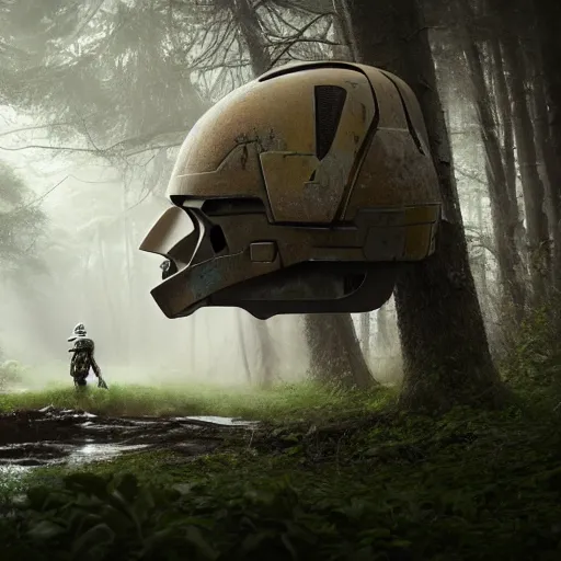 Image similar to concept art of huge trooper helmet, trees, puddles of water, bushes and leafs, by filip hoda, beeple, greg rutkowski, octane render, cryengine, details, hyper realistic