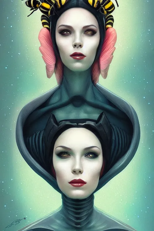 Prompt: portrait of an elegant alien bee woman queen, straight on portrait, by artgerm, tom bagshaw, gerald brom, vaporwave colors, lo - fi colors, vaporwave, lo - fi, moody vibe, goth vibe, full body,