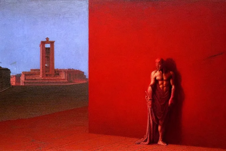 Image similar to only with red, caesar after war, a red tiger, in hoc signo vinces, rome in background, an ancient path, in the style of beksinski, part by hopper, part by rodcenko, part by hofbauer, intricate composition, red by caravaggio, insanely quality, highly detailed, masterpiece, red light, artstation