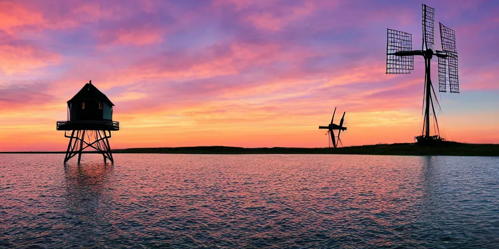 Image similar to Beautiful award winning photograph of a pretty sunset with an island floating in the sky, with a windmill on top, 4k